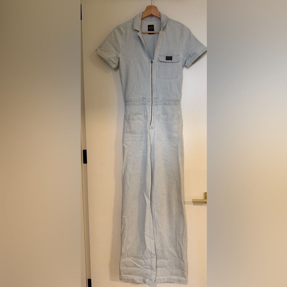 RVCA Recession Pinstripe Blue Denim Jumpsuit -XS